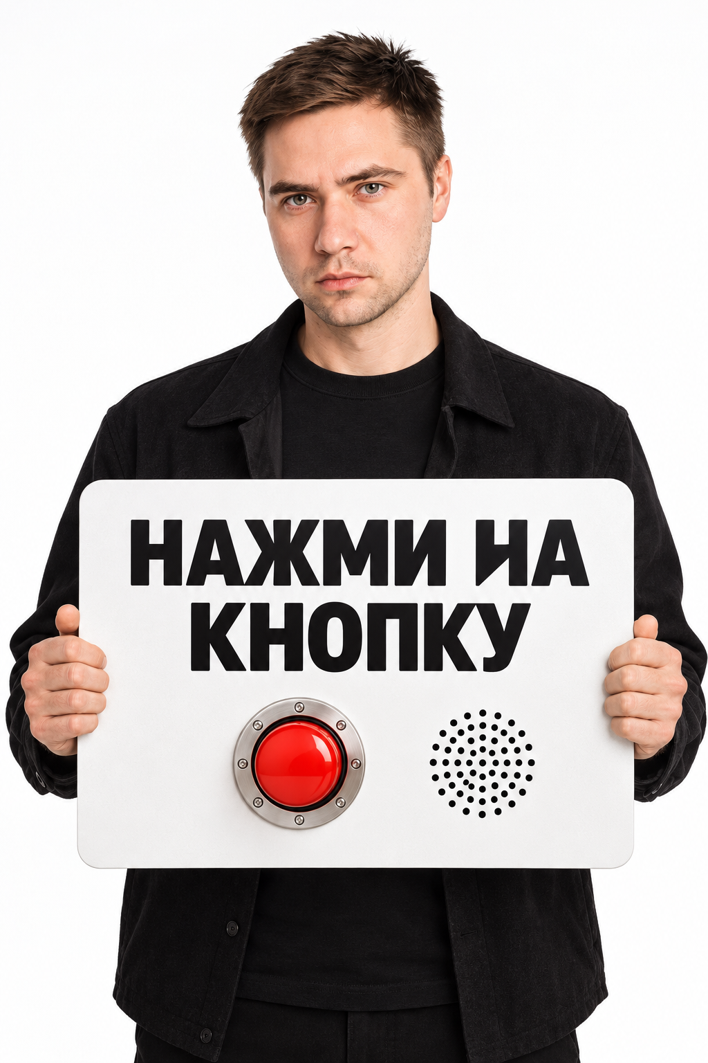 Мужчина держит табличку «Нажми на кнопку» с красной кнопкой.